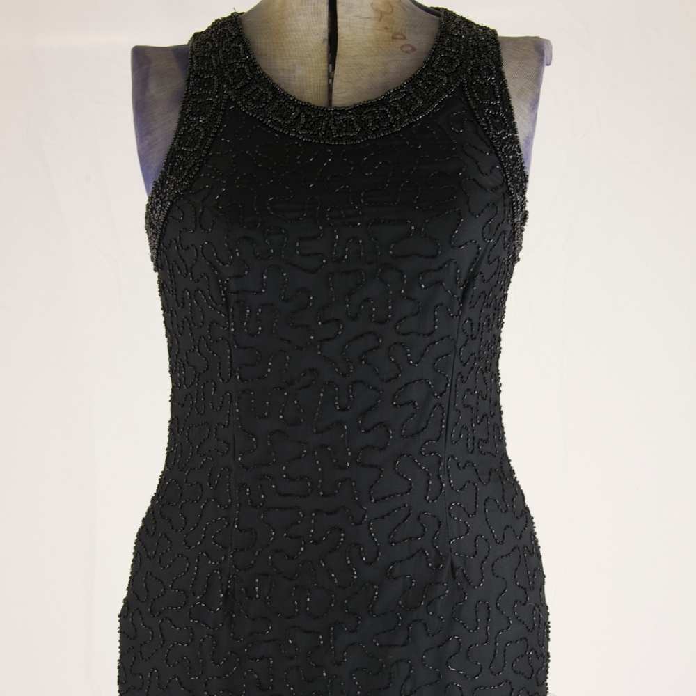 Black Beaded Laurence Kazar Silk Wiggle Dress